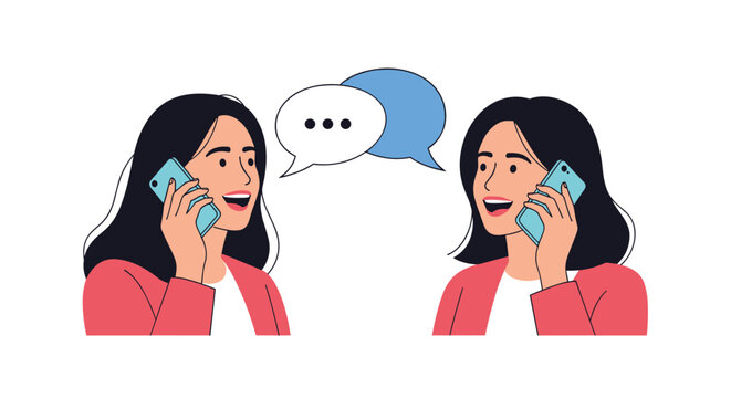 Two women communicate excitedly over their smartphones while speech bubbles above them represent an active and joyful conversation.