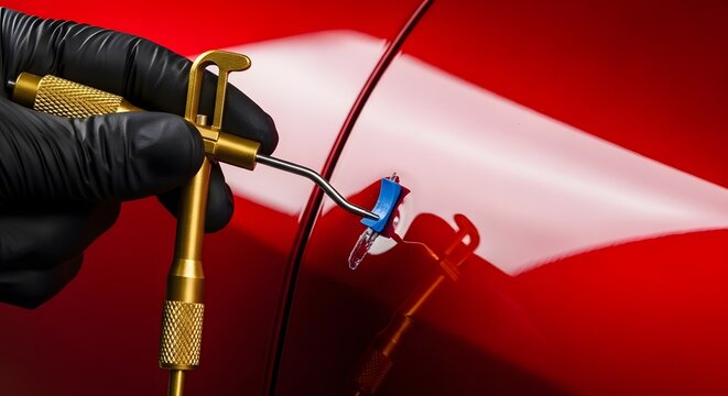 Professional technician performing paintless dent repair (PDR) on a red car body using a specialized gold glue pulling tool and blue tab to restore the smooth surface of the luxury vehicle.