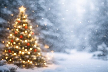 Obraz premium out of focus festive tree with snowy backdrop and clear copy space for text