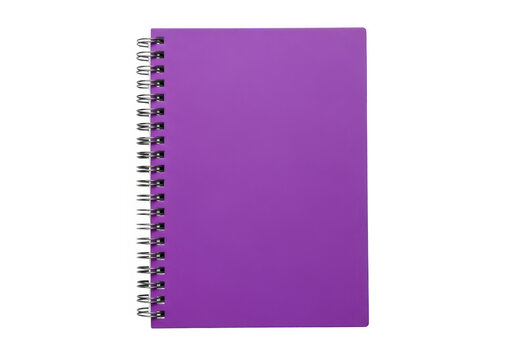 Spiral-bound purple composition notebook with blank pages isolated on transparent background
