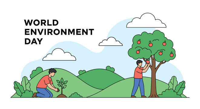 Two people actively participating in World Environment Day by planting a sapling and picking apples from a tree in a green park.