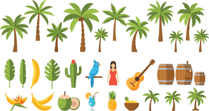 Tropical elements set palm trees banana coconut guitar parrot beach items summer vector illustration collection isolated