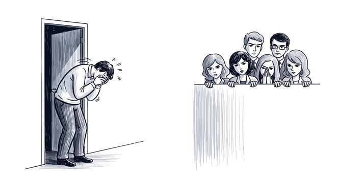 cartoon illustration of man peeking through doorway at group of people