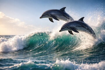 Fototapeta premium Energetic bottlenose dolphins jumping over wave with copyspace for text