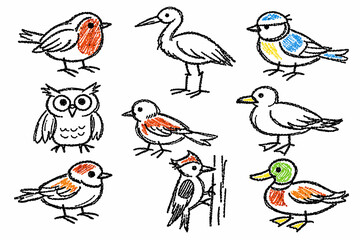 Obraz premium Childlike crayon pencil bird doodle set with small birds in playful kids drawing style - concept wildlife illustration