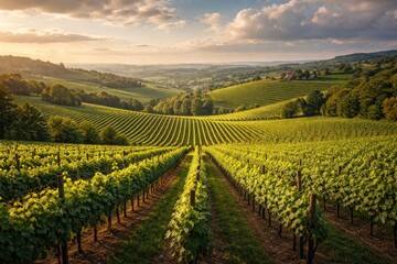 Naklejka premium Lush vineyard fields stretching across gently rolling terrain