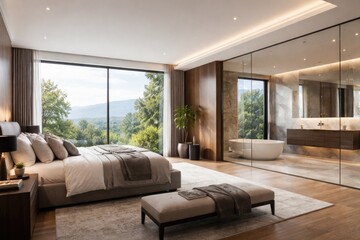 Fototapeta premium Contemporary bedroom with large panoramic window and sleek bathroom