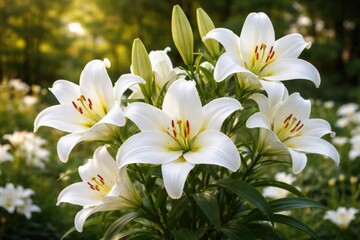 Fototapeta premium Graceful white lily plant flourishing with pure white blossoms