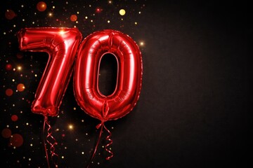 Obraz premium Red foil balloon for 70th birthday celebration on black background with copy space for custom text