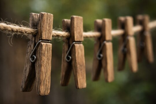 Rustic wooden pegs lined on a rope against a blurred background