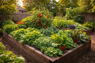 Naklejka premium Vibrant vegetable growth within an elevated planting area in a residential backyard