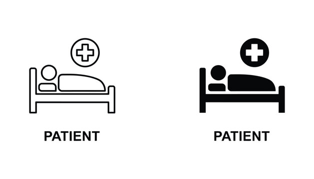 Hospital patient in bed medical icon set with plus sign symbol for healthcare and nursing home facility navigation