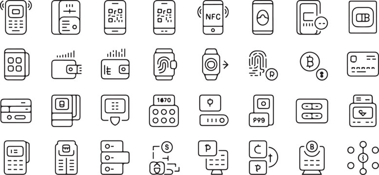 Digital payment and security icons for mobile finance biometric authentication qr codes contactless technology cryptocurrency.