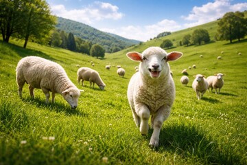 Naklejka premium Cheerful sheep frolicking and feeding on vibrant green grass lawn with smooth hills in the background on a bright summer day full length