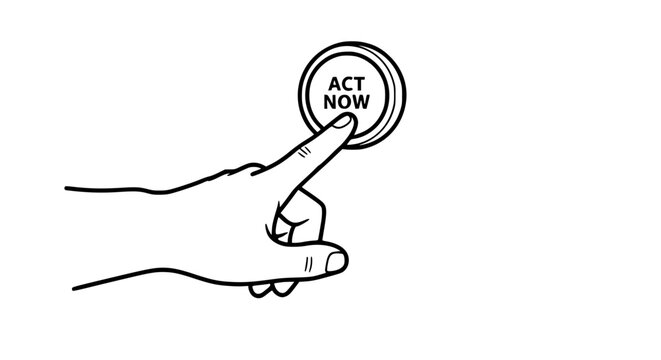 Illustration graphic of a human finger pressing a circular button with the text ACT NOW, symbolizing urgency and immediate action