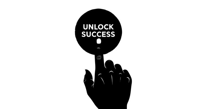 Graphic illustration of a black silhouette hand pressing a large circular button with the words "Unlock Success" inscribed, symbolizing achievement