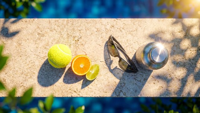 Tennis ball with orange and lime slices, sunglasses and metal water bottle on stone deck by blue swimming pool. Summer poolside essentials for vacation refreshment and leisure. Outdoor relaxation and