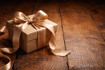 Obraz premium Gift box with ribbon bow on rustic oak table and copy space