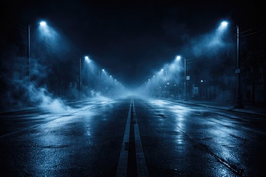 Blue illuminated empty asphalt street with spotlights and smoke in dark scene