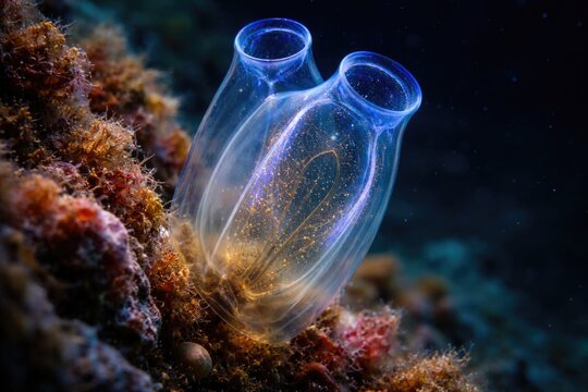 Marine tunicate with translucent body attached to reef