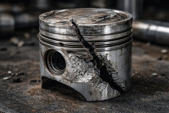 High resolution image of fractured aluminum compressor piston with visible casting imperfections