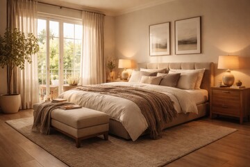Fototapeta premium Warm bedroom design showcasing a roomy bed and natural light from window