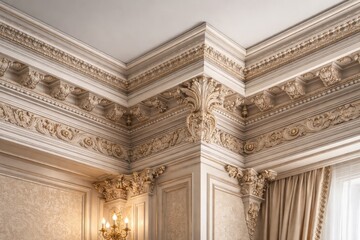 Obraz premium Elegant ceiling corner featuring elaborate cornice and crown molding