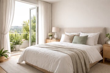 Fototapeta premium Bright modern bedroom interior with bedside table and open window view