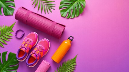 Obraz premium Rolled pink yoga mat with running shoes, orange water bottle, fitness tracker, towel and tropical leaves on purple background. Fitness gear flat lay for workout motivation and healthy lifestyle