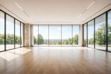 Fototapeta premium Spacious architectural background featuring empty room with floor to ceiling panoramic windows
