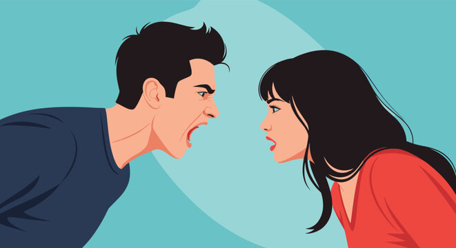 Angry man and woman shouting at each other during an intense argument representing relationship problems and lack of communication issues.