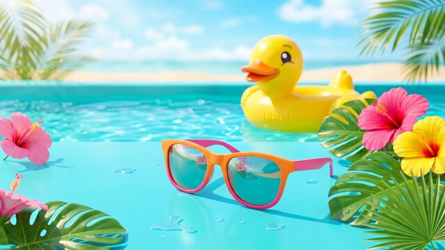 Orange sunglasses and yellow inflatable duck in blue swimming pool. Tropical summer vacation scene with pink hibiscus flowers and green monstera leaves. Relaxing beach resort lifestyle concept