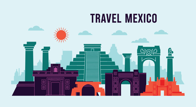 Colorful travel poster for Mexico featuring iconic historical ruins and landmarks under a bright sun against a clear blue sky background.