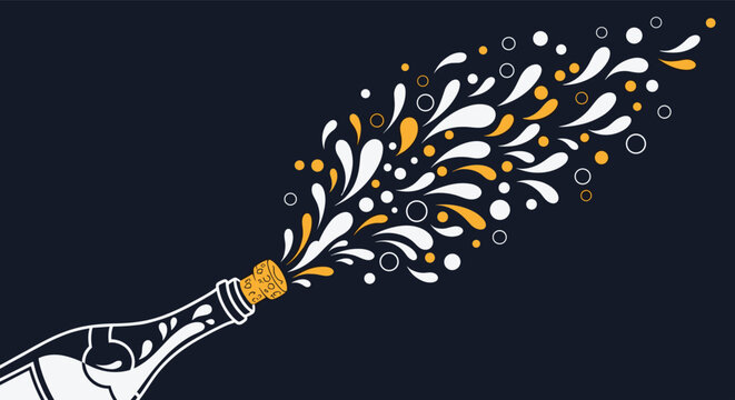 Champagne bottle with a shower of colorful gold and white bubbles exploding from the top against a dark background for festive celebrations.