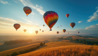 Fototapeta premium Colorful hot air balloons drift over rolling hills at sunrise. Gentle light warms the landscape, inspiring adventure and freedom. Sky filled with many balloons, peaceful morning flight over fields.