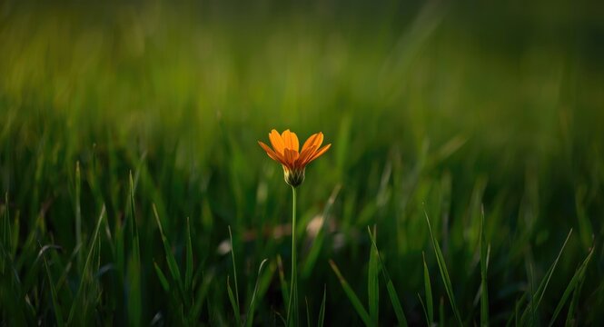 Orange petaled flower shining strongly against a rich green grass field in calm nature