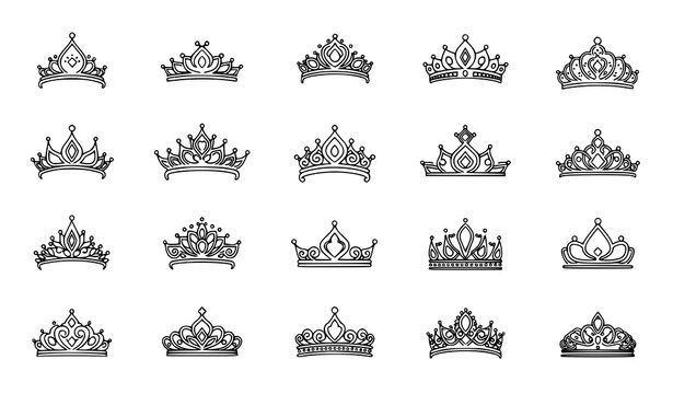 A set of elegant crown illustrations in a minimalist line art style