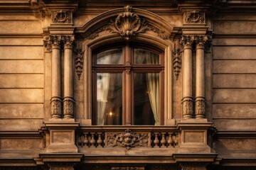 Fototapeta premium Vintage architectural detail featuring a brown window frame on the upper exterior wall