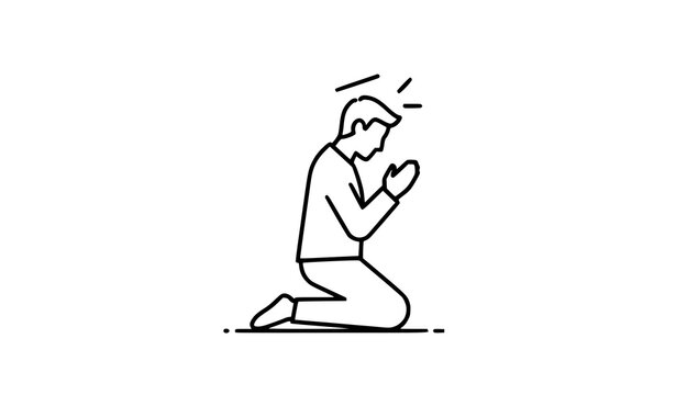 A minimalist line art illustration of a man kneeling in prayer