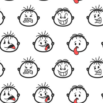 Seamless Pattern Hand Drawn Doodle Boy Faces Angry Funny Emotions Red Tongue Sketch Vector