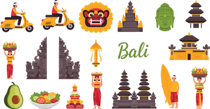 Bali Indonesia Travel Vector Icon Set Featuring Pura Lempuyang Gate Barong Mask Buddha Statue Surfer Scooter and Traditional Temples for Tourism and Culture Designs