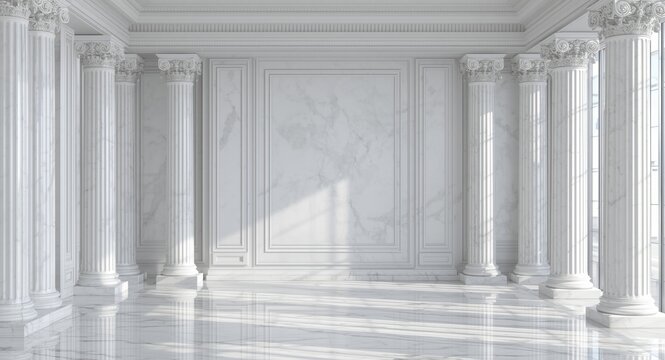 White marble interior setting enhanced with gypsum pilasters and pommel column capitals