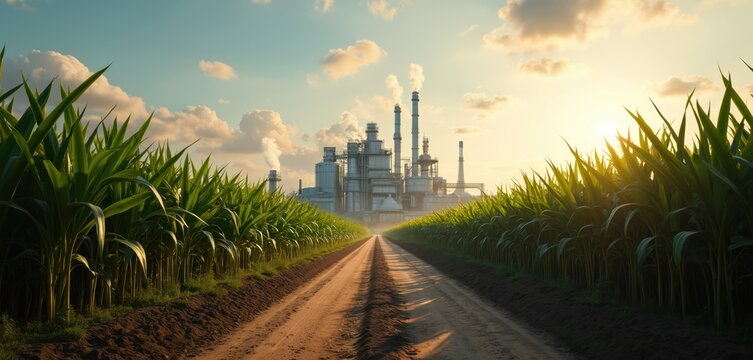 Green corn field leads to industrial plant. Tall factory structures with smoke stacks emit steam against sunset sky. Rural dirt road passes through agricultural land.