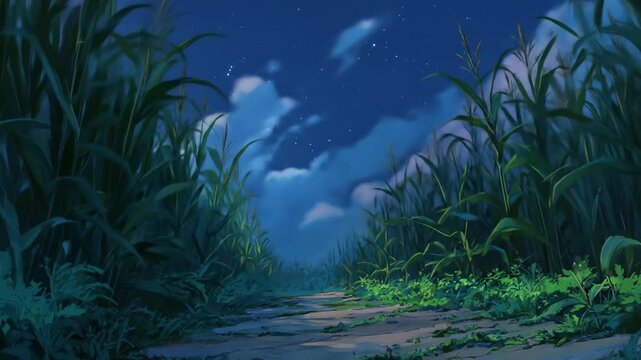 Ethereal night scene with a winding path through a tall crop field under a cloudy, star-lit sky. Animated illustration background.