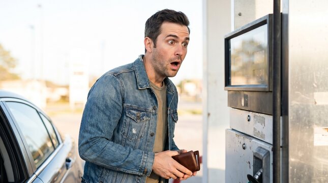 Young guy with an amazed mood holding a wallet representing fuel inflation against a petrol pump background with copy space