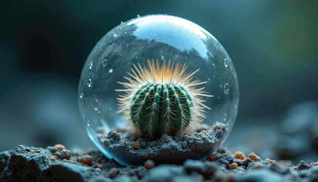Green cactus with yellow spines grows inside clear glass sphere with water drops. Small plant sits in sandy soil with rocks. Sphere is on textured ground.