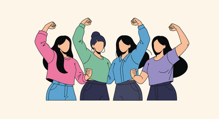 Obraz premium Diverse group of four strong and empowered women showing their arm muscles in a gesture of female power and unity.