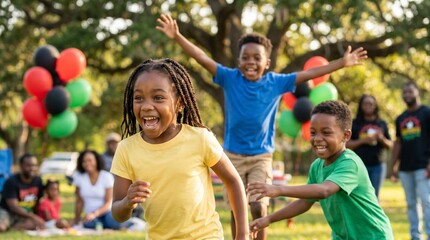 Black kids with an energetic mood enjoying a summer festival representing Juneteenth holiday against an outdoor gathering background