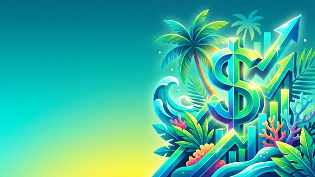 Dollar sign rising with financial charts amid tropical palm trees and ocean waves. Growth and prosperity in paradise beach setting. Vibrant economic success illustration for business concepts