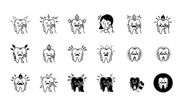 A set of black and white vector illustrations of teeth with various expressions